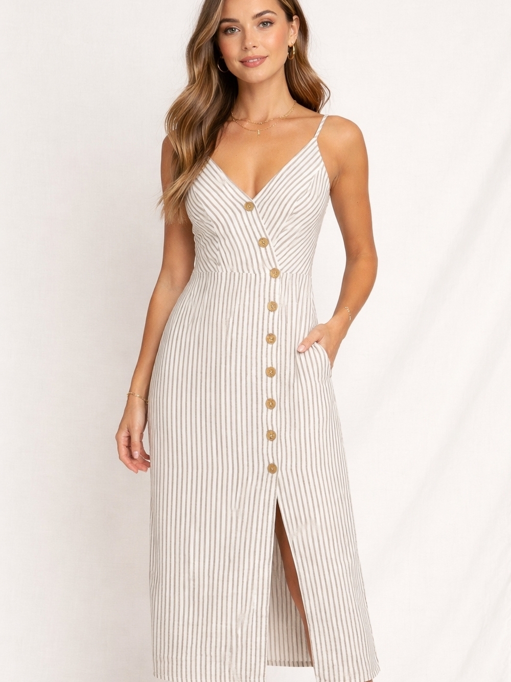 Urban Outfitters Linen White And Black Gray Striped Button-Front Midi Dress Sz L
